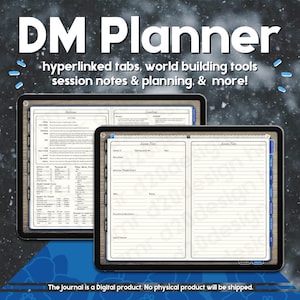 Digital Dungeon Master Planner (blu) / DnD 5e DM Campaign Journal / Quaderno TTRPG con collegamento ipertestuale per la creazione del mondo e appunti di sessione (tablet)