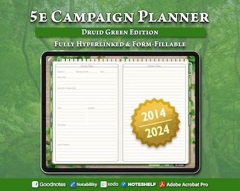 Digital DnD 5e DM Planner: Hyperlinked Campaign Journal (Druid Green)