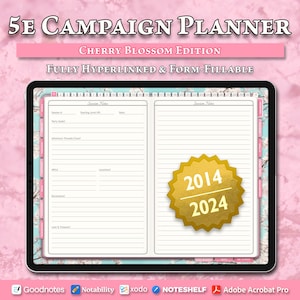 Puede incluir: Un planificador de campaña 5E digital, edición Cherry Blossom, mostrado en una tableta. El planificador es totalmente hipervinculado y rellenable, con un sello dorado que indica los años 2014 y 2024. El fondo es rosa suave con un diseño floral.
