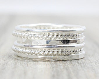 Sterling Silver Stacking Ring Set // Set of 6 Silver Rings // .925 Sterling Silver Stackable Rings // Smooth, Twist, and Hammered Bands