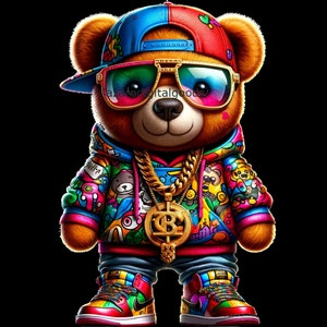 May include: A colorful teddy bear wearing a red and blue baseball cap, sunglasses, a gold chain with a pendant, and colorful sneakers. The bear is wearing a hoodie with a colorful graphic print.