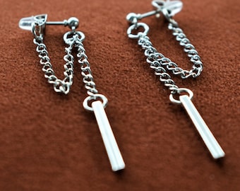 Silver Chain Earrings for Men | Unisex earring | Mens Chain Bar Earrings | Mens Dangle Earring | Streetwear Earring | Stainless Steel Wear