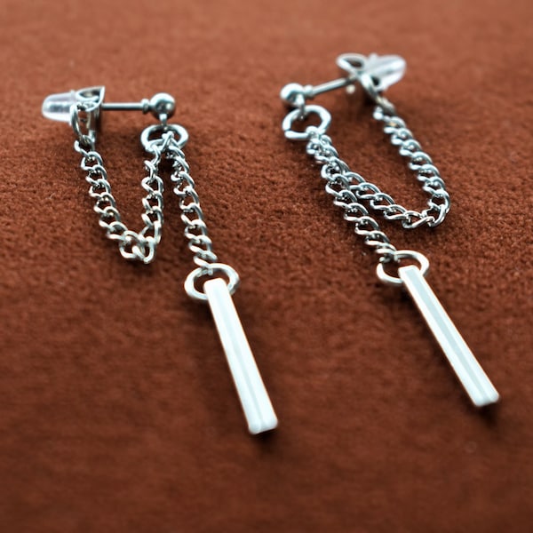 Silver Chain Earrings for Men | Unisex earring | Mens Chain Bar Earrings | Mens Dangle Earring | Streetwear Earring | Stainless Steel Wear