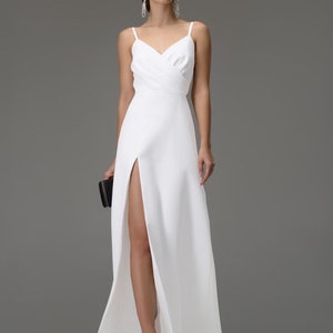 Ivory V-Neck Maxi Wedding Dress Modern Spaghetti Straps Open Back High Split Skirt White Wrap Dress Minimalist Elopement Summer Custom Guest