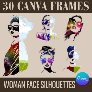 Puede incluir: 30 Marcos Canva: Siluetas de rostros de mujeres. Un conjunto de 30 marcos digitales que presentan siluetas abstractas y coloridas de rostros de mujeres con gafas de sol. Los marcos están diseñados para su uso en Canva.