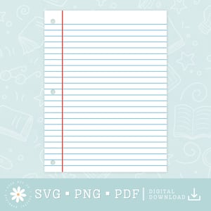 Puede incluir: Una hoja de papel blanco con líneas y una línea roja en el centro. El papel tiene tres agujeros perforados en el margen izquierdo. El papel está sobre un fondo azul claro con garabatos blancos de útiles escolares.