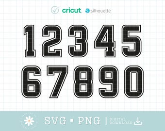 Pacchetto numeri di maglia SVG, Pacchetto numeri sportivi SVG, Modelli numeri di maglia SVG, Carattere universitario SVG, Numeri SVG, Numeri Png