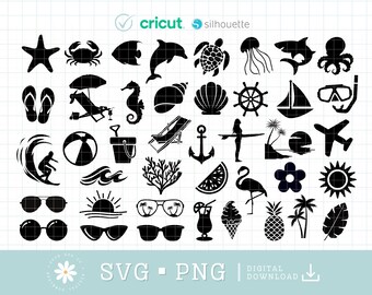 May include: A set of 36 black and white SVG cut files featuring summer and beach themed icons. The icons include a starfish, crab, seashell, anchor, palm tree, sunglasses, and more.