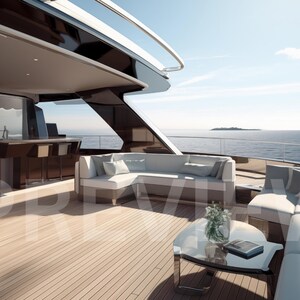 May include: A white sectional sofa with gray cushions sits on a wooden deck overlooking the ocean. A small glass table with a vase of flowers sits in front of the sofa. A bar area with stools is visible in the background.