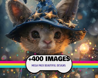 Magical Animals Clipart: Wizard Cats & Rabbits, 400 JPG Images