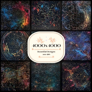 Könnte beinhalten: Neun digitale Kunstdrucke mit Himmelsmotiven. Jedes Quadrat zeigt ein Sternbildmuster mit Sternen und Linien auf dunklem Hintergrund. Ein zentrales Etikett lautet "4000x4000 Beautiful Designs 300 DPI". Geeignet für verschiedene Anwendungen.