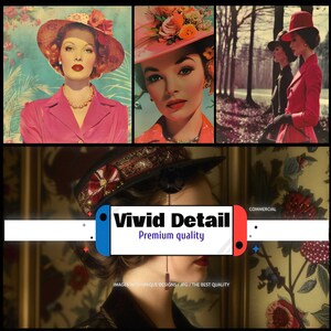 May include: A collage of vintage-style images featuring women in hats and stylish attire. The images include portraits and outdoor scenes, with a focus on fashion and elegance. The text "Vivid Detail, Premium quality" is also present.