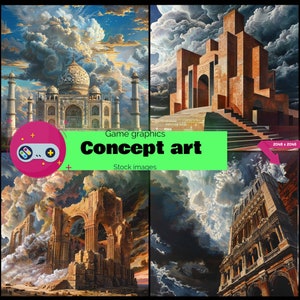 May include: A composite image featuring four digital paintings of architectural structures. The top left shows the Taj Mahal, the top right a geometric building, the bottom left a ruined structure, and the bottom right a building with arches. The text "Game graphics Concept art Stock images" is present.