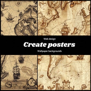 Op de afbeelding: Een collage van vier antieke kaartsecties met zeilschepen en kompassen. De kaarten zijn in sepia tinten met ingewikkelde details. De tekst "Create posters" en "Wallpaper backgrounds" is zichtbaar.