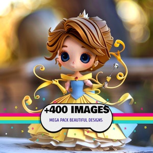 May include: A figurine of a princess with large blue eyes, wearing a yellow and blue dress, a crown, and holding a silver wand. The figurine has brown hair and is surrounded by decorative swirls. Text on the image reads "+400 IMAGES MEGA PACK BEAUTIFUL DESIGNS."
