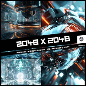 May include: A composite image featuring four futuristic, high-tech scenes with a metallic and neon color scheme. The text "2048 X 2048" is prominently displayed, along with "IMAGES WITH UNIQUE DESIGNS / JPG / THE BEST QUALITY" and a "STONE COMMERCIAL" logo.