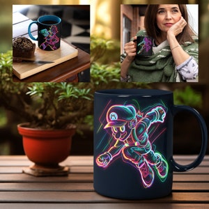 May include: A black ceramic mug featuring a vibrant neon illustration of a cartoon character in action. The design uses bright colors and geometric lines. The mug is shown in different settings, including on a wooden surface and held by a person.