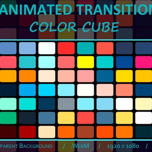 May include: Animated transition graphic with a color cube design. The image features a grid of colorful squares in various shades, with the text "ANIMATED TRANSITION COLOR CUBE". Includes icons for streaming platforms and technical specifications.