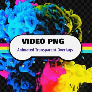 May include: An image featuring colorful, animated transparent overlays. The design includes vibrant blue, pink, and yellow smoke-like shapes, with a horizontal stripe in pink, yellow, and blue. The text "VIDEO PNG" and "Animated Transparent Overlays" is displayed.
