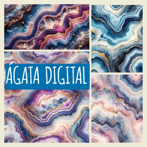 May include: A collection of digital art prints displaying agate stone patterns. The designs feature swirling layers of blue, purple, pink, and gold, creating a marbled effect. The text "ÁGATA DIGITAL" is displayed on a blue banner.