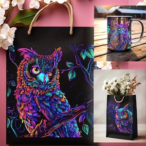May include: Black gift bag with a colorful owl illustration. The owl is depicted with vibrant neon colors, including orange, purple, and blue. The bag has rope handles and is surrounded by white flowers. A matching mug and a second bag are also shown.