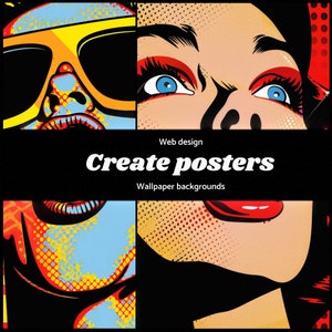 May include: Pop art style graphic with four panels featuring close-ups of faces. The image includes text that reads "Web design", "Create posters", and "Wallpaper backgrounds". The color palette includes yellow, red, blue, and black.