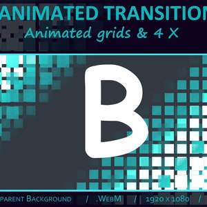 May include: An animated transition graphic with the letter "B" in white. The background features a grid pattern with teal and gray squares. Text includes "ANIMATED TRANSITION", "Animated grids & 4 X", and technical specifications.