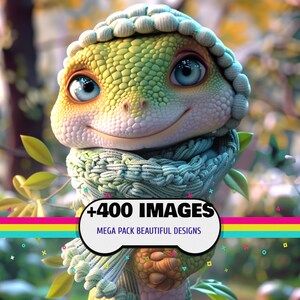 May include: A charming, cartoon-style lizard with a friendly expression. The lizard is green and yellow, wearing a knitted scarf and hat. The image includes text that reads "+400 IMAGES MEGA PACK BEAUTIFUL DESIGNS".