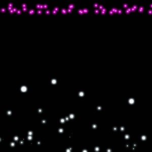 Puede incluir: Arte digital abstracto sobre fondo negro. Orbes brillantes blancos y rosas están dispersos por la imagen. Un borde de pequeños puntos rosas enmarca la parte superior y el lado derecho de la imagen.