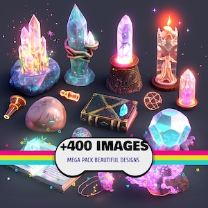 May include: A collection of fantasy-themed objects, including glowing crystals, a spell book, a candle, and a telescope. The image has the text "+400 IMAGES MEGA PACK BEAUTIFUL DESIGNS" in a white oval.