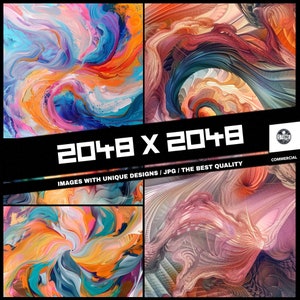 May include: Four abstract digital art images with swirling patterns in shades of blue, red, orange, pink, and yellow. The images are arranged in a grid with a black banner across the middle that reads "2048 X 2048" and "IMAGES WITH UNIQUE DESIGNS / JPG / THE BEST QUALITY".
