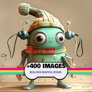 May include: A whimsical, teal-colored robot character wearing a knit hat and scarf. The robot has large, expressive eyes and is holding a small book. The image includes text that reads "+400 IMAGES MEGA PACK BEAUTIFUL DESIGNS".
