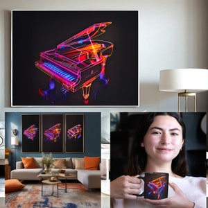 May include: A neon-style grand piano art print with a black background. The piano is outlined in bright colors, including red, orange, yellow, and blue. The Steinway & Sons logo is visible. The image is displayed on a wall and on a mug.