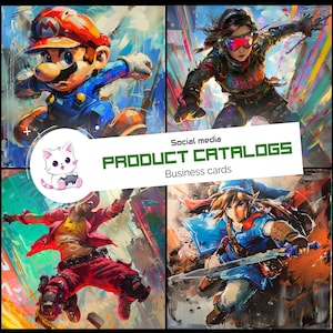May include: A digital art collage featuring four action-oriented character illustrations. The characters are from popular video games. The image includes the text "Social media PRODUCT CATALOGS Business cards". A white cat illustration is also present.