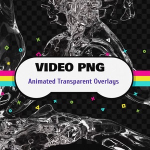 May include: Animated transparent overlays with a water splash effect. The image features a dynamic water splash against a black and gray checkered background. The text "VIDEO PNG" and "Animated Transparent Overlays" are displayed on a white oval with a pink, yellow, and blue stripe.