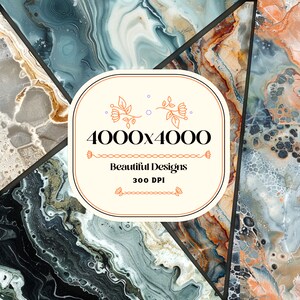 May include: A digital design featuring abstract patterns in shades of blue, gray, brown, and orange. The image includes a central graphic with the text "4000x4000 Beautiful Designs 300 DPI", surrounded by floral elements. The overall design has a marbled or stone-like appearance.