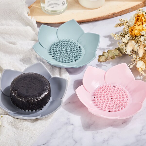 Silicone Flower Soap Dish,Soap Holder,Soap Saver,Easy Cleaning,Dry, Stop Mushy Soap,Soap Dishes for Bathroom Shower Bathtub Kitchen