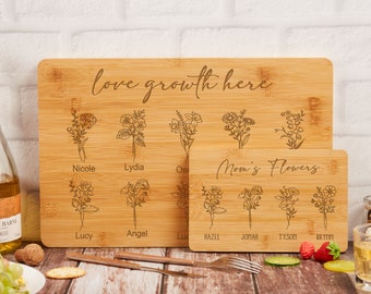 Personalized Cutting Board with Birth Flower, Bamboo Charcuterie Board, Unique Gifts for Her, Engraved Cutting Board with Kids Name for Mom