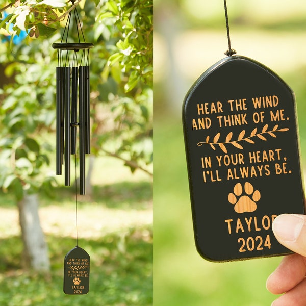Custom Dog Pet Memorial Wind Chime,Black Wind Chimes,Hear The Wind and Think of Me,Personalized Pet Cat Loss Gift,Remembrance Wind Chime