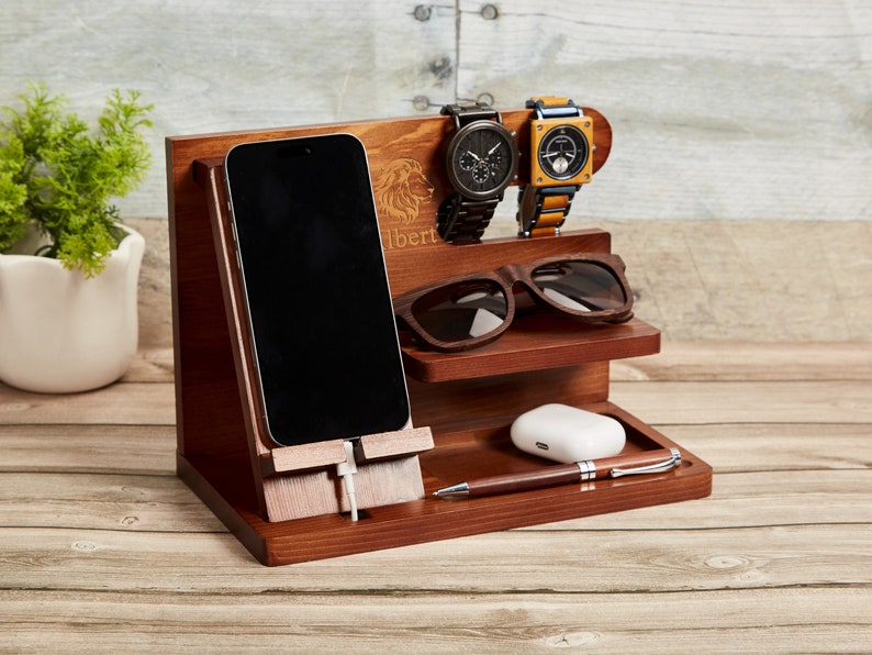 Gift for Men Docking Station,Wood Engraved Docking Station Organizer,Custom Valentines Day Gift for Boyfriend,Phone Stand,Custom Wooden Gift image 3