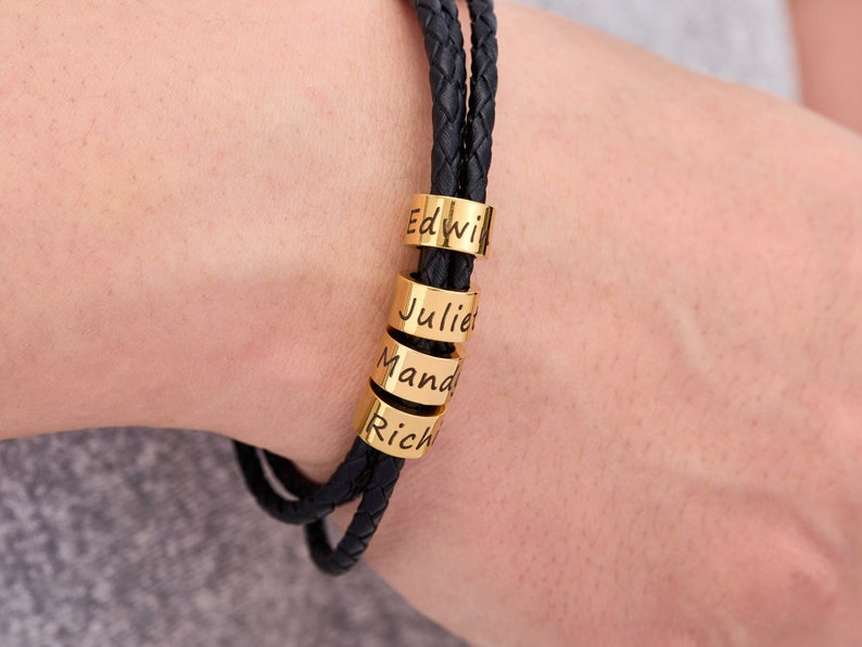 Bracelet en cuir personnalisé pour père avec nom denfant, bracelet pour hommes de perles personnalisées, cadeau pour mari, cadeaux de Noël, cadeau pour papa grand-père image 4