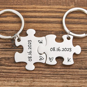 Personalized Puzzle Keychains for Couple, Couples key chain set, Custom date&initial Couple keyring, Valentine's Day gifts,Boyfriend Gift image 1