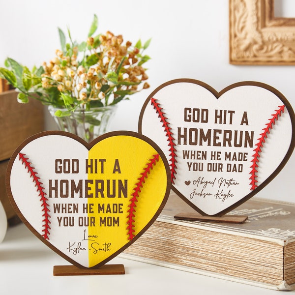 God Hit a Home Run When He Made You Our Mom/Dad,Personalized Father's Day Gifts for Dad Papa from Kids,Baseball sign,Softball Sign