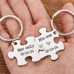 Personalized Puzzle Keychains for Couple, Couples key chain set, Custom date&initial Couple keyring, Valentine's Day gifts,Boyfriend Gift image 2