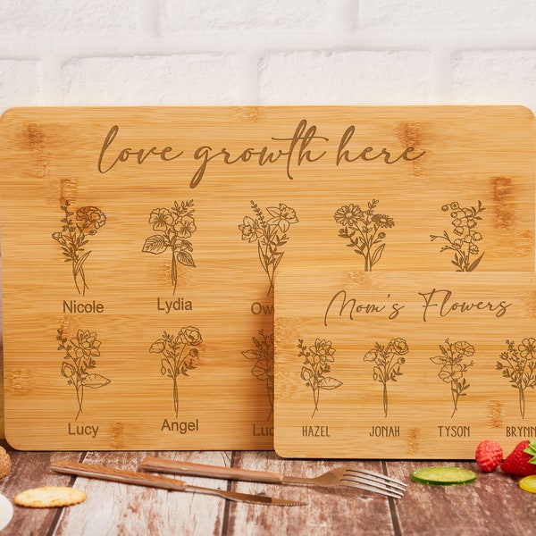 Custom Mom's Garden Cutting Board, Personalized Birth Flower Gift For Mom, Birth Flower Cutting Board, Bamboo Cutting Board, Mom Gift Ideas