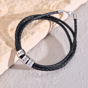 Bracelet en cuir personnalisé pour père avec nom denfant, bracelet pour hommes de perles personnalisées, cadeau pour mari, cadeaux de Noël, cadeau pour papa grand-père image 3