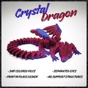 May include: A 3D-printed crystal dragon figurine in shades of purple and blue. The dragon has a detailed, textured surface with the text "Crystal Dragon" in the upper portion of the image. The image also includes text that says "3MF COLORED FILES", "PRINT IN PLACE DESIGN", "SEPARATED EYES", and "NO SUPPORT STRUCTURES".