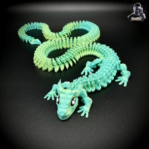 May include: A 3D-printed articulated lizard toy in shades of teal and green. The toy has a detailed, textured design and is posed on a black surface. The lizard has small, articulated legs and a long, segmented body.