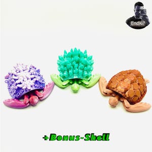 May include: Three decorative turtle figurines in shades of purple, green, and brown. Each turtle has a textured shell and is resting on a white surface. The text "+Bonus-Shell" is visible at the bottom.
