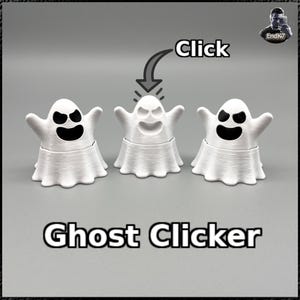 May include: Three white ghost-shaped clickers with black facial features. The center ghost has an open mouth, and an arrow points to it with the word "Click" above. The text "Ghost Clicker" is at the bottom.